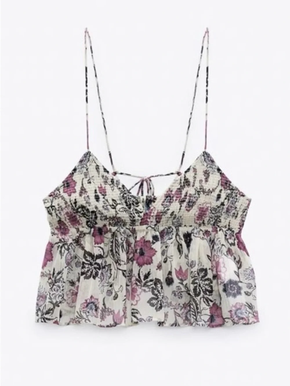 Zara Floral Metallic Smocked Peplum Crop Tank Top
